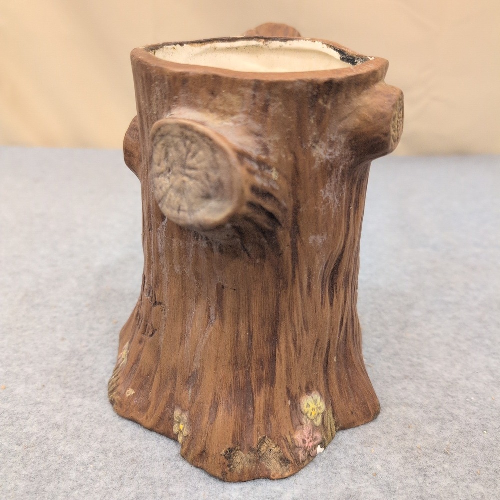 Vintage Tree Stump Ceramic Planter Bark Texture Heart Carving Brown Floral - Picture 7 of 13
